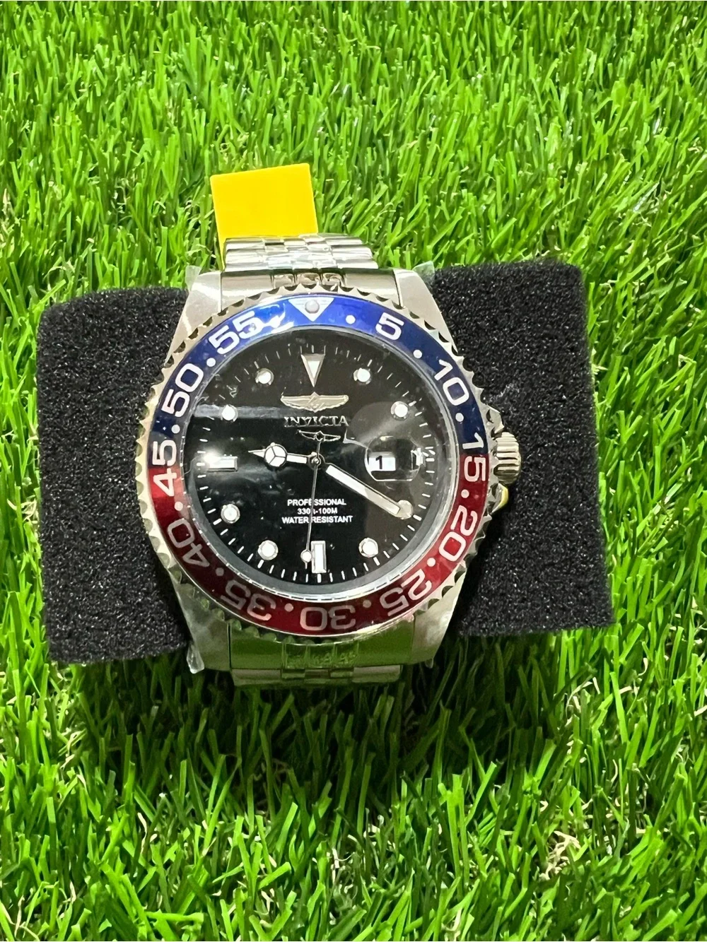 Invicta Men’s Silver Watch with Black Dial and Red & Blue Bezel